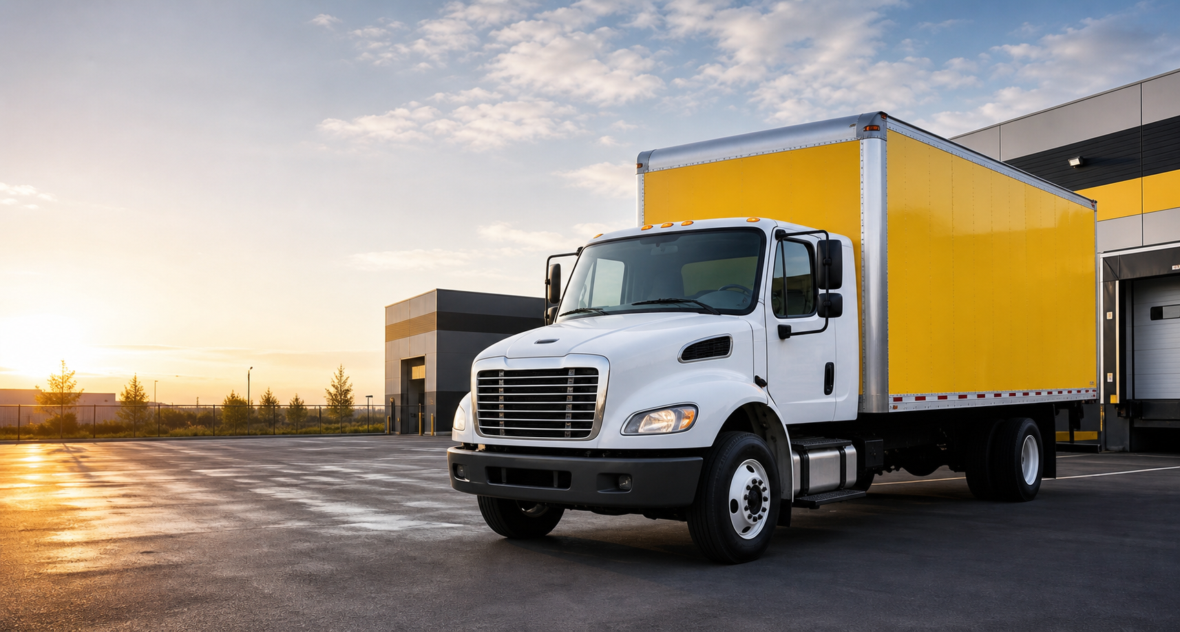 Professional box truck in a logistics yard for customer contact and quote requests