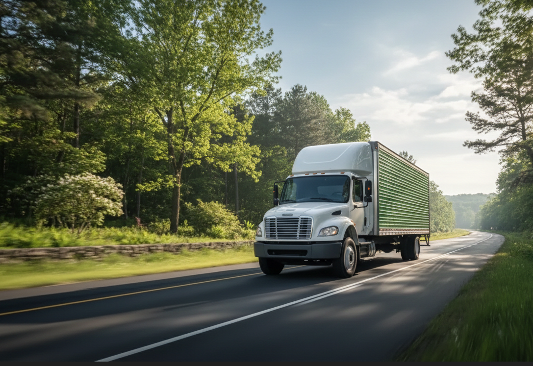 Box truck driving on a tree-lined road representing regional and OTR freight delivery