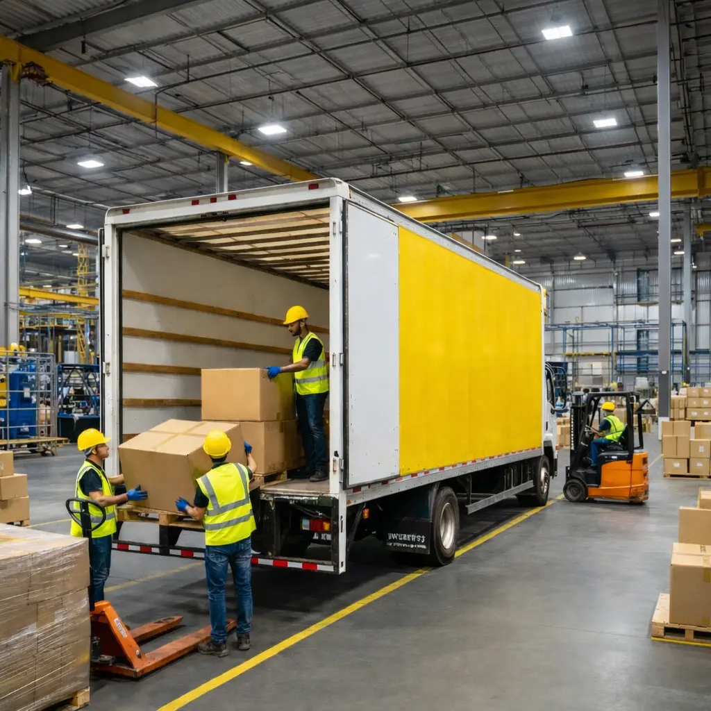 Crew loading a box truck in a warehouse for cross docking operations