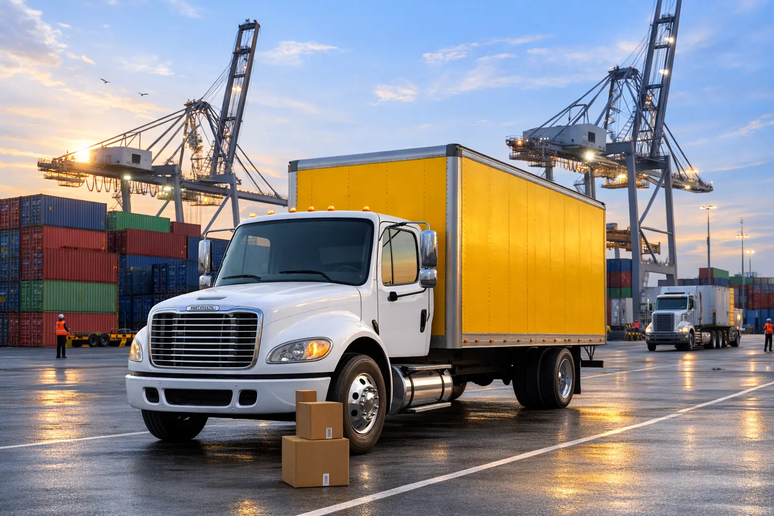 Box truck at a busy logistics port representing cross docking and transfer work
