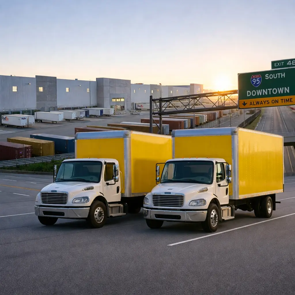 Two yellow box trucks positioned for delivery operations