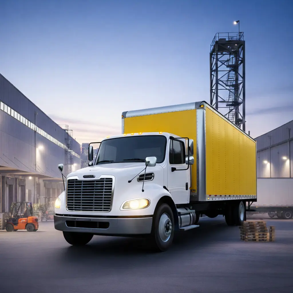 Box truck backed into a warehouse yard for warehousing service